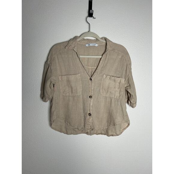 ZARA Tan Short Sleeve Linen Button Down Oversized Crop Top Size S - Picture 1 of 5